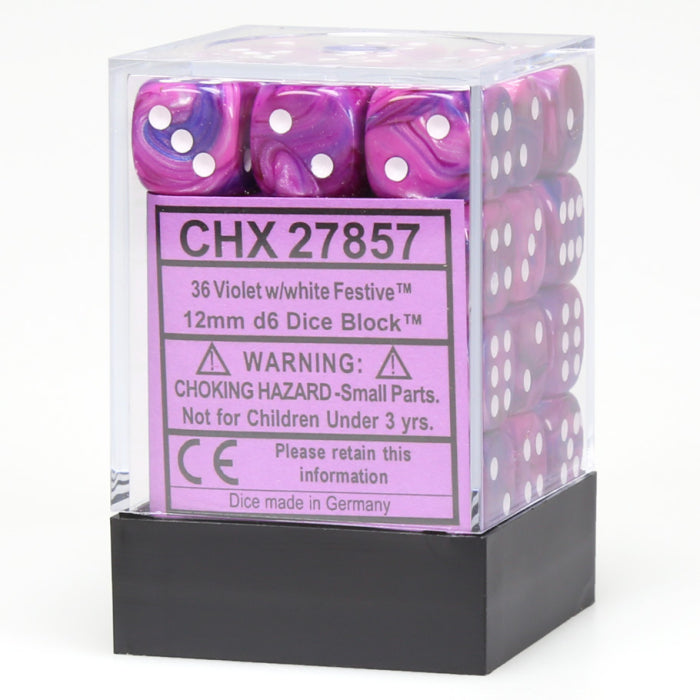 Festive: 12mm d6 Violet with White (36 dice)