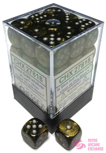 Leaf: 12Mm D6 Black Gold/Silver Dice Block (36 Dice) Accessories