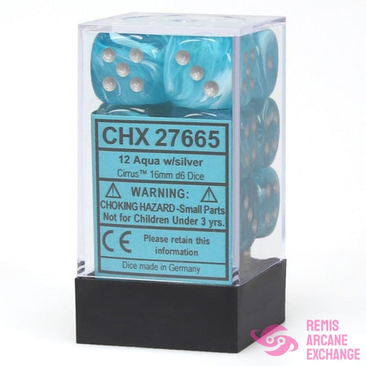 Cirrus: 16Mm D6 Aqua / Silver Dice Block (12 Dice) Accessories