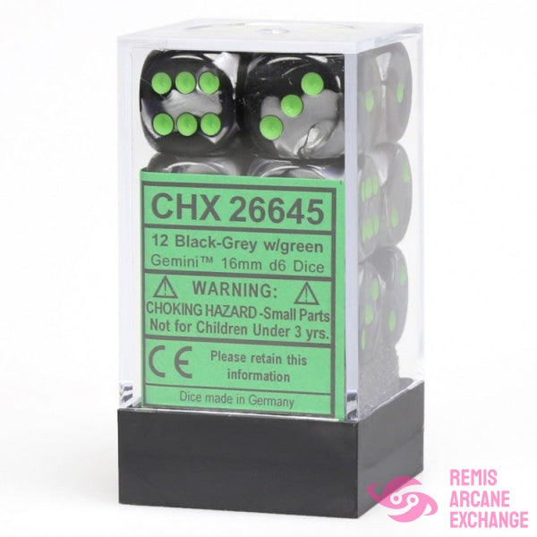 Gemini: 12Mm D6 Black-Grey/Green Block (12 Dice) Accessories