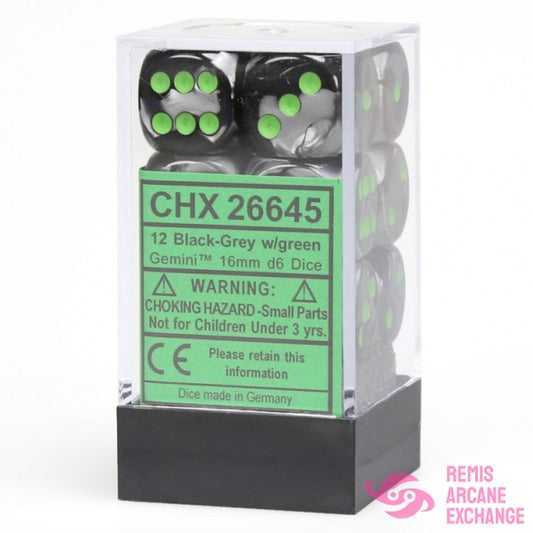Gemini: 12Mm D6 Black-Grey/Green Block (12 Dice) Accessories