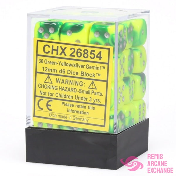Gemini: 12Mm D6 Green-Yellow / Silver Dice Block (36 Dice) Accessories