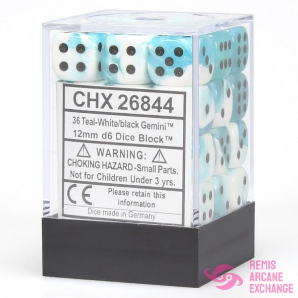 Gemini: 12Mm D6 Teal-White / Black Dice Block (36 Dice) Accessories