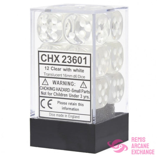 Translucent: 16Mm D6 Clear / White Dice Block (12 Dice) Accessories