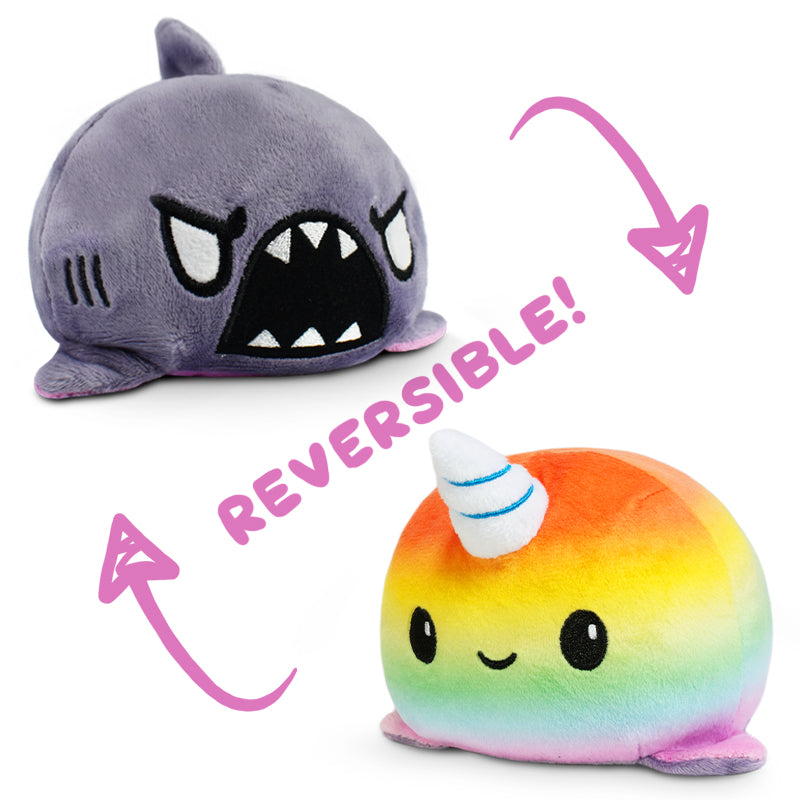 TEETURTLE REVERSIBLE SHARK & NARWHAL PLUSHIE (GRAY + RAINBOW)