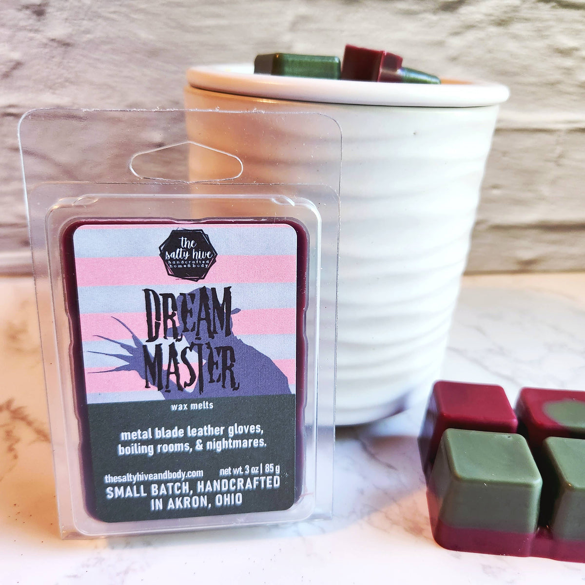 Dream Master horror wax melts, leather, firewood