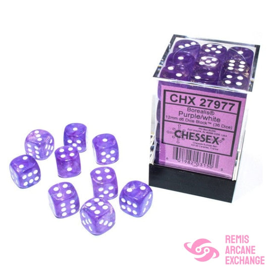 Borealis: 12Mm D6 Purple/White Dice Block (36 Dice) Accessories