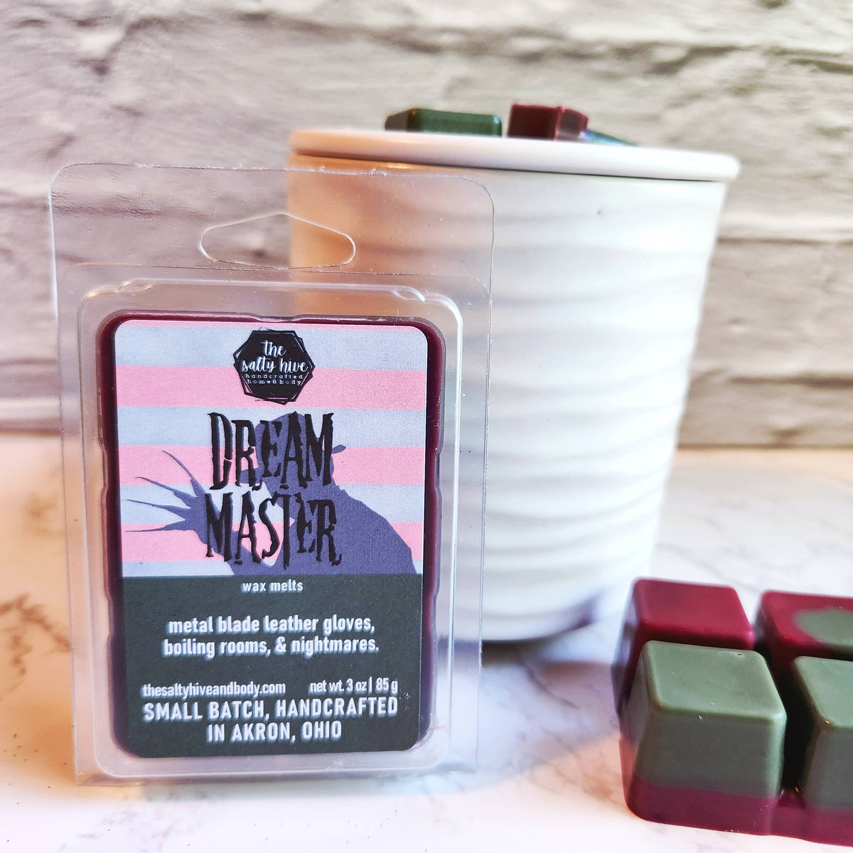 Dream Master horror wax melts, leather, firewood