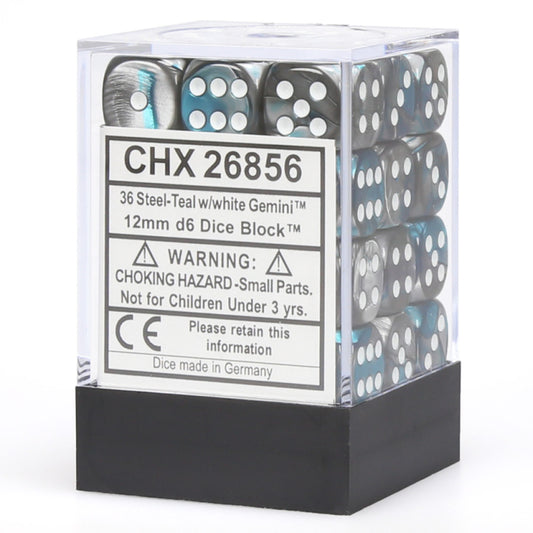 Gemini: 12 mm d6 Steel and Teal with White (36 dice)