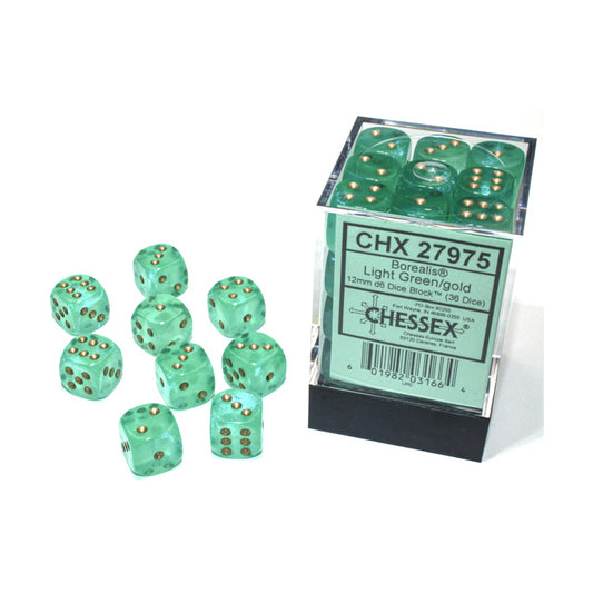 Borealis: d6 Cube 12mm Luminary Light Green with Gold (36 dice)