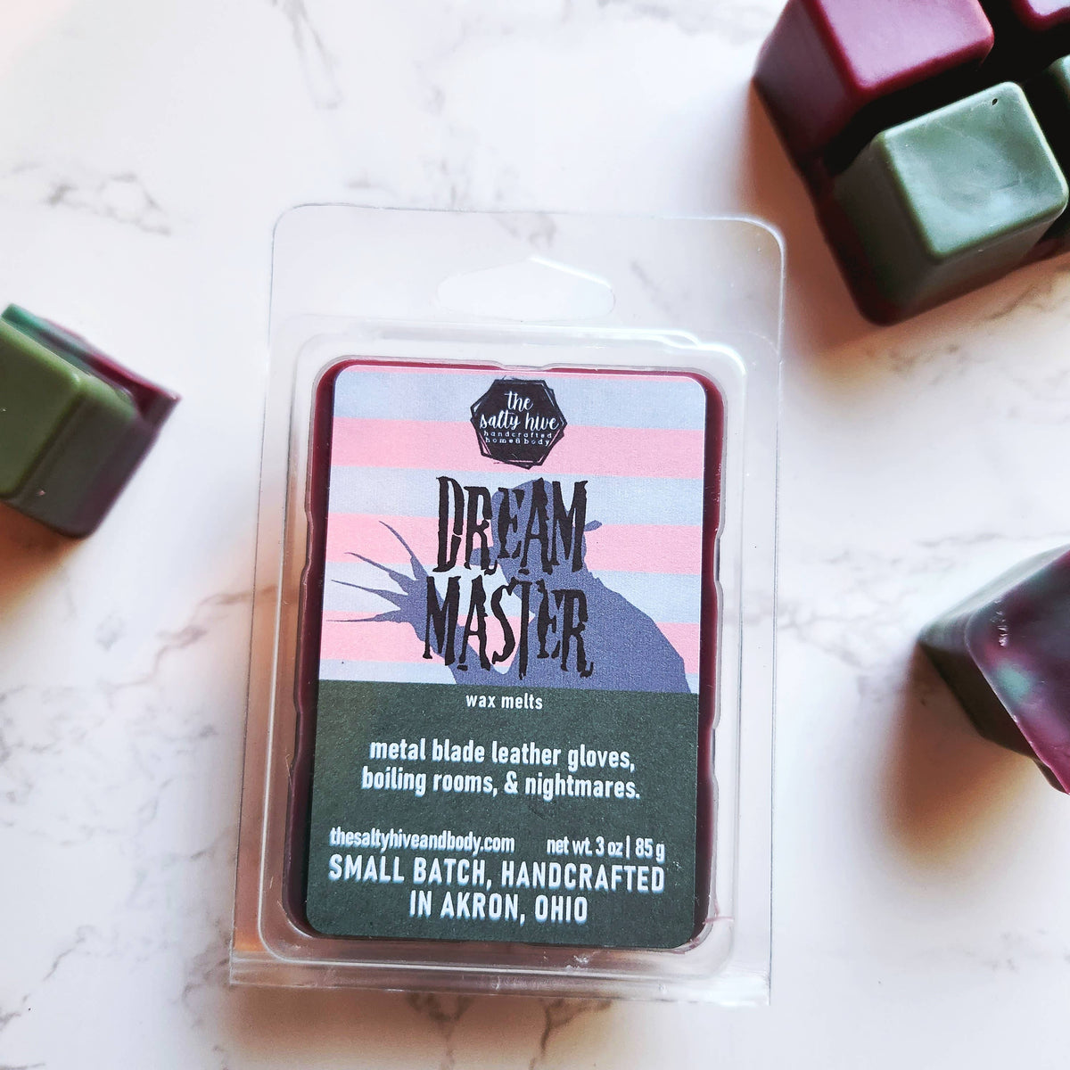 Dream Master horror wax melts, leather, firewood