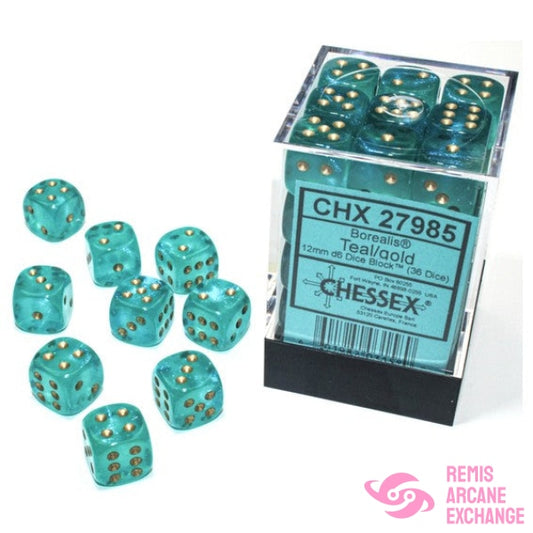 Borealis: 12Mm D6 Teal / Gold Luminary Dice Block (36 Dice) Accessories