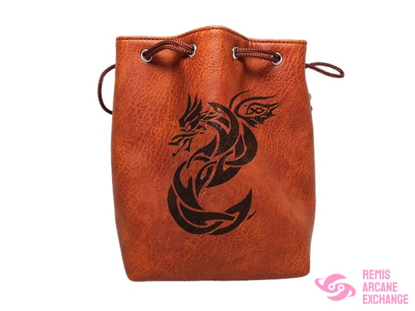 Brown Leather Lite Celtic Knot Dragon Design Self-Standing Large Dice Bag Accessories