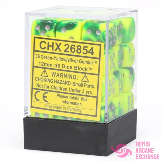 Gemini: 12Mm D6 Green-Yellow / Silver Dice Block (36 Dice) Accessories