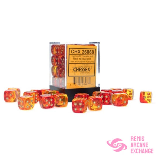Gemini: 12Mm D6 Translucent Red-Yellow / Gold Dice Block (36 Dice) Accessories