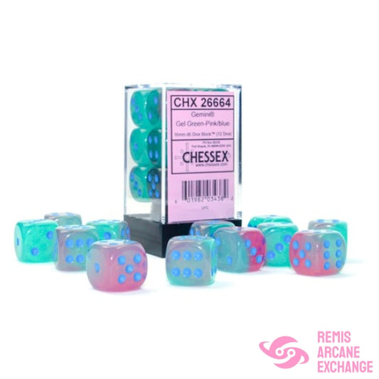 Gemini: 16Mm D6 Green-Pink / Blue Luminary Dice Block (12 Dice) Accessories