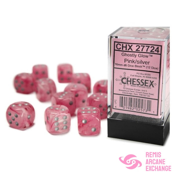 Ghostly Glow: 16Mm D6 Pink/Silver Dice Block (12 Dice) Accessories