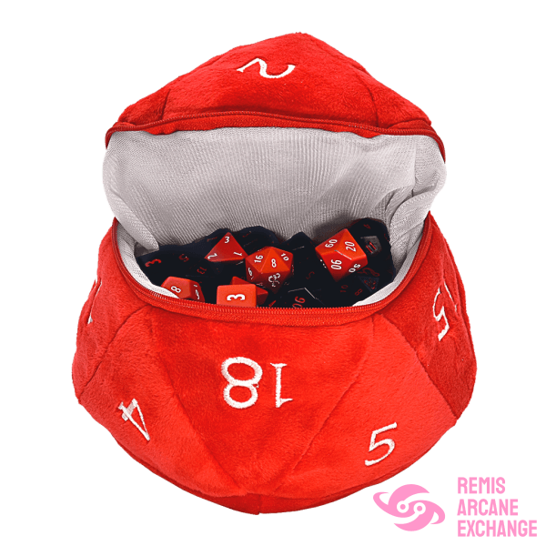 Red And White D20 Plush Dice Bag For Dungeons & Dragons