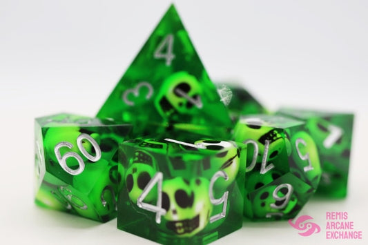 Sharp Edge Resin Green Skulls 7 Dice Set