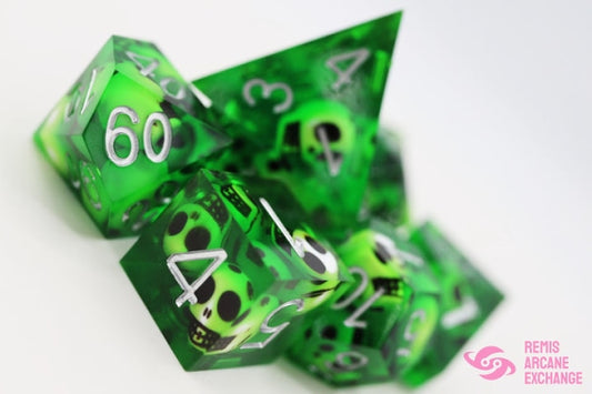 Sharp Edge Resin Green Skulls 7 Dice Set